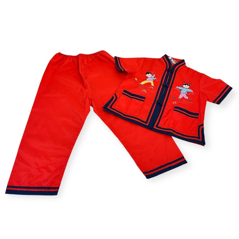 Vintage Authentic Red 2 Piece Kimono Pants Baby Toddler Set Size 2